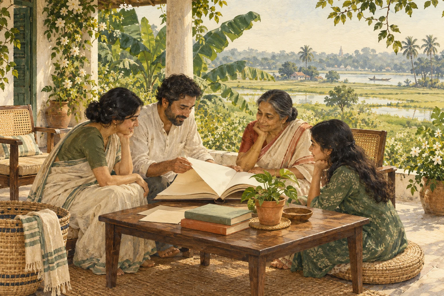 Several generations gather around a table with blank albums, books and a young plant.