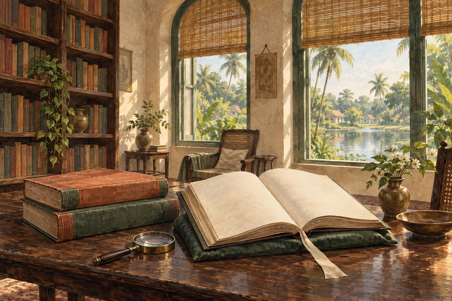 Bound periodicals and blank pages rest on a reading table in a shaded Bengal library.