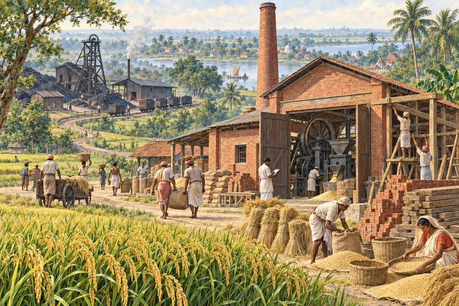 Artistic scene of workers building a Bengal rice mill, with grain fields and a coal mine beyond.