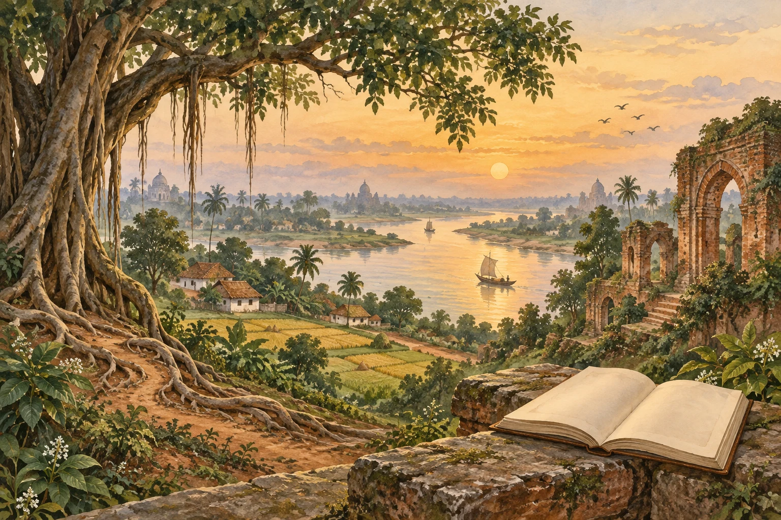 A river winds through fields and old brick arches beside a tree and open book.