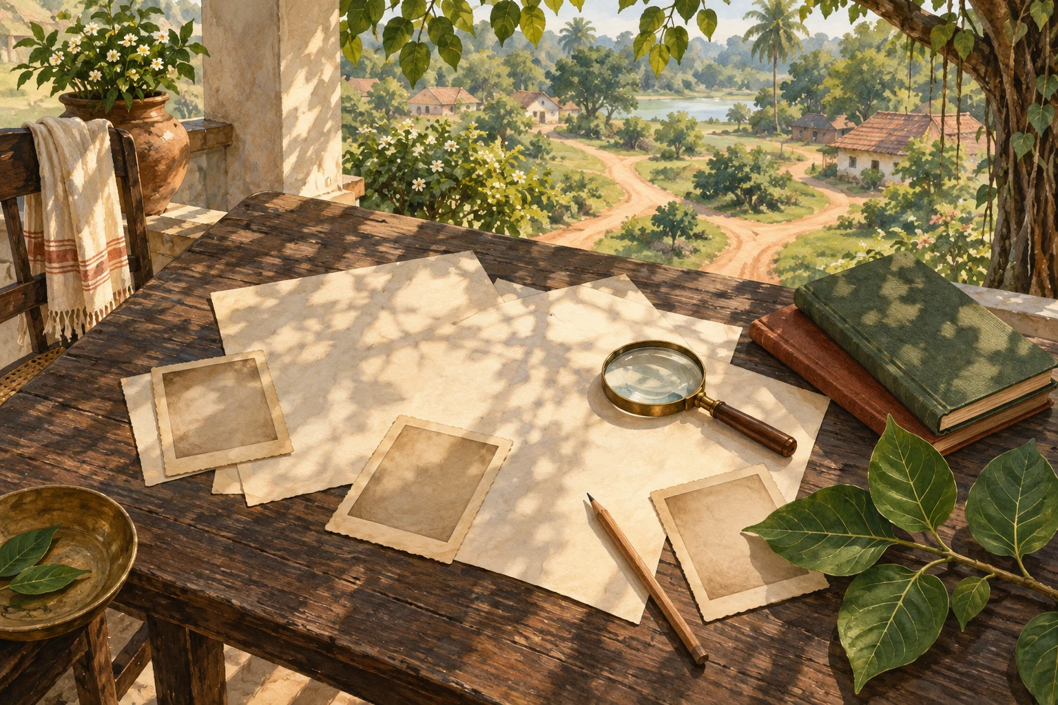 Loose family papers and empty photograph mounts lie under the branching shadow of a leafy tree.